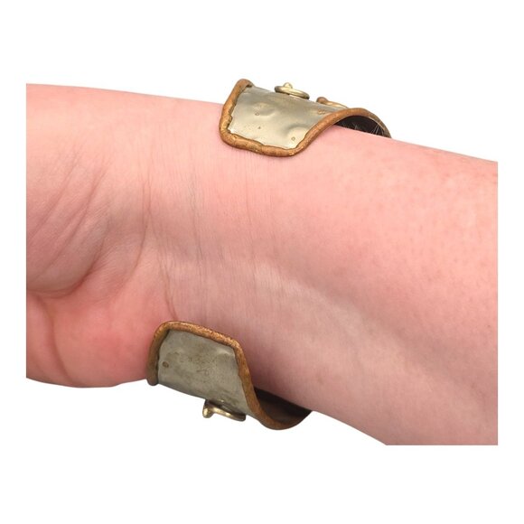 Turquoise Modernist Brutalist Mixed Metal Cuff Bracelet Bronze Copper Silver - Picture 8 of 11